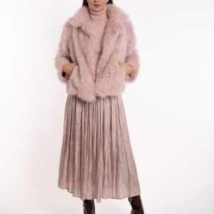 Kratka bundica od umjetnog krzna sa sjajnim nitima- svijetlo roza