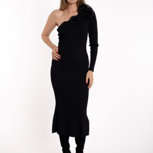 Rebrasta haljina na jedno rame- crna