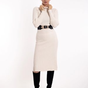 Rebrasta vunena midi haljina- bijela