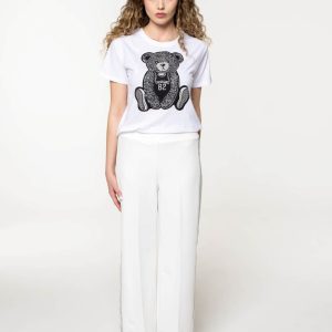 Široke bijele hlače sa sivim bočnim trakama i elastičnim strukom