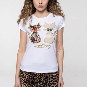 Bijela pamučna majica sa šljokastim mačkama