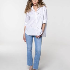 Oversized pamučna bijela košulja sa ukrasnim kamenčićima